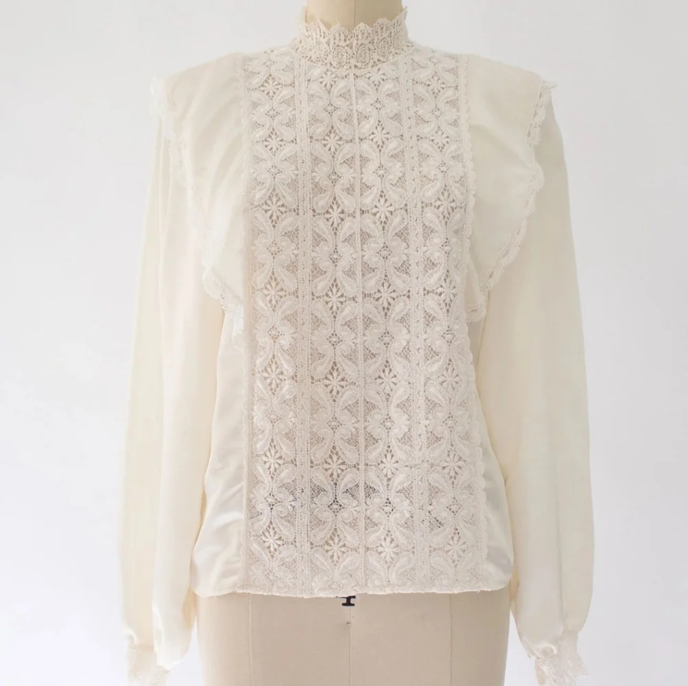 SAN ANDRE VINTAGE 80S VICTORIAN CREAM BLOUSE NEO EDWARDIAN LACY BLOUSE Size 10 - Picture 2 of 15